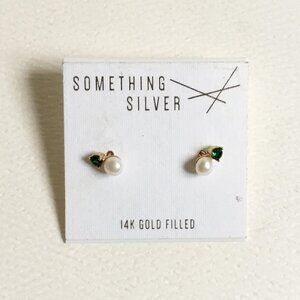 Something Silver Stud Faux Pearl & Green Stone Earrings NWT